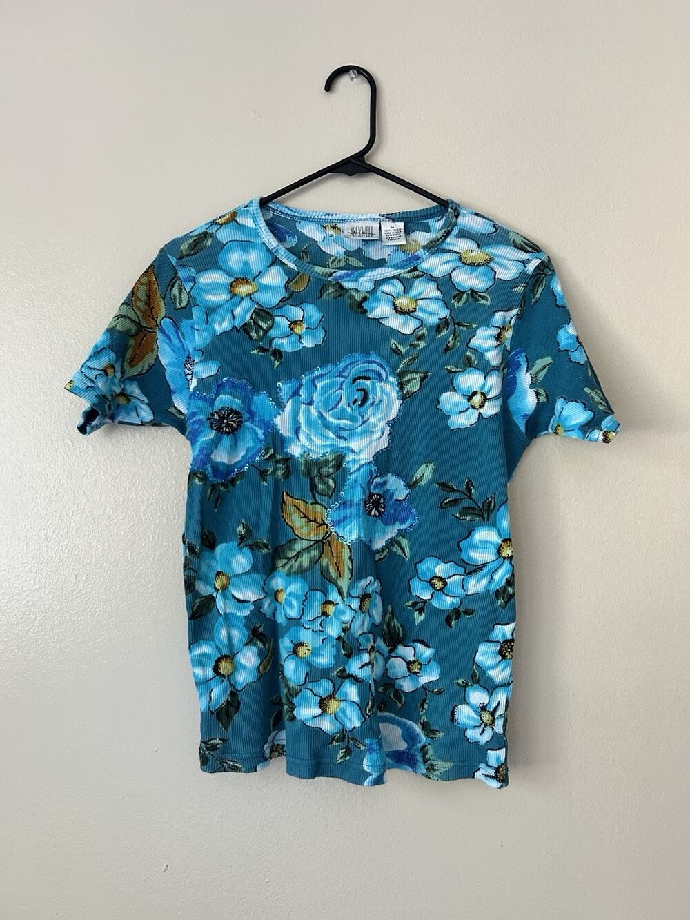 Vintage Maxwell Jeeson Floral Ribbed Short Sleeve T-Shirt Teal Blue Size M